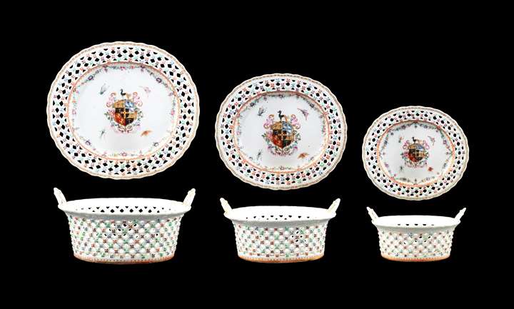 Set of three Chinese armorial baskets and stands, Arms of Piggot